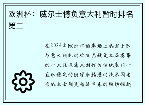 欧洲杯：威尔士憾负意大利暂时排名第二