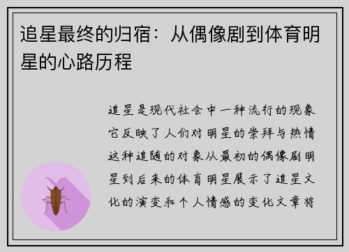 追星最终的归宿：从偶像剧到体育明星的心路历程