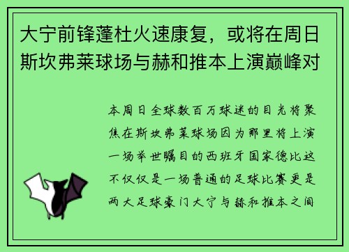大宁前锋蓬杜火速康复，或将在周日斯坎弗莱球场与赫和推本上演巅峰对决