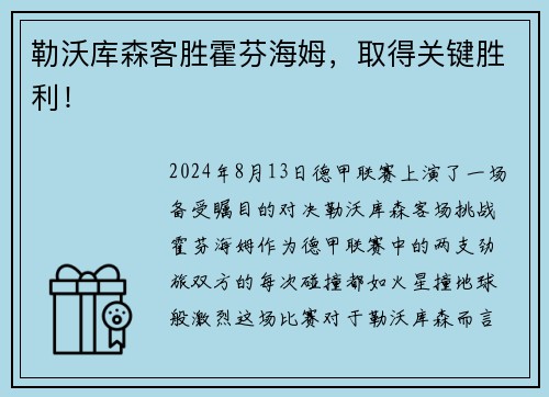 勒沃库森客胜霍芬海姆，取得关键胜利！