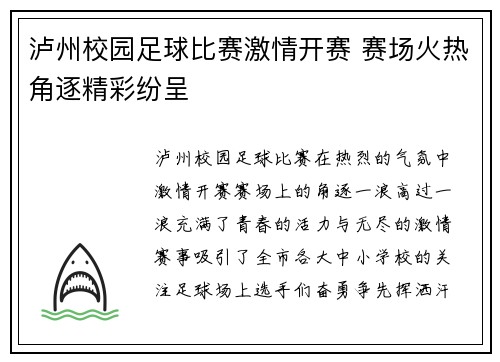 泸州校园足球比赛激情开赛 赛场火热角逐精彩纷呈